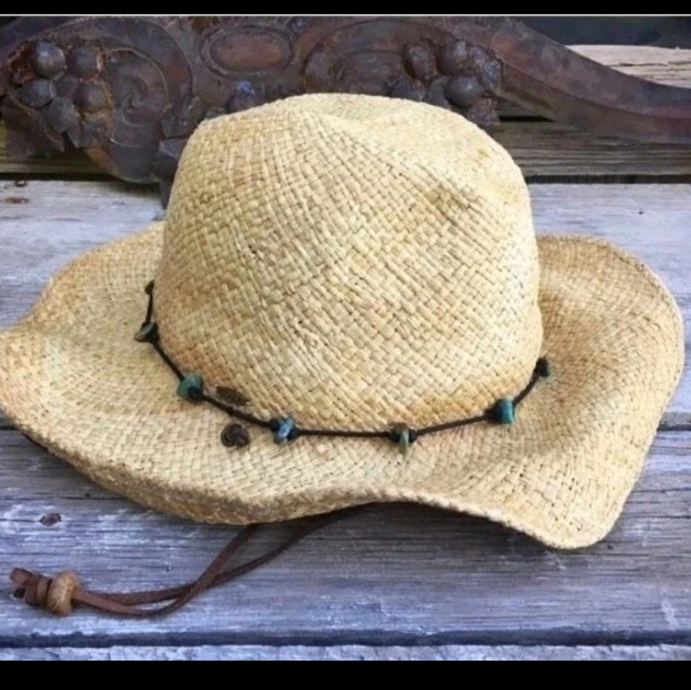 Vintage Distressed Scala Straw Hat Wide Brim Turquoise LeatherBand Western Boho - Picture 5 of 7
